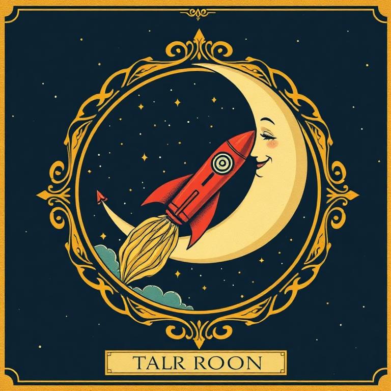Tarot style crescent moon with a rocket