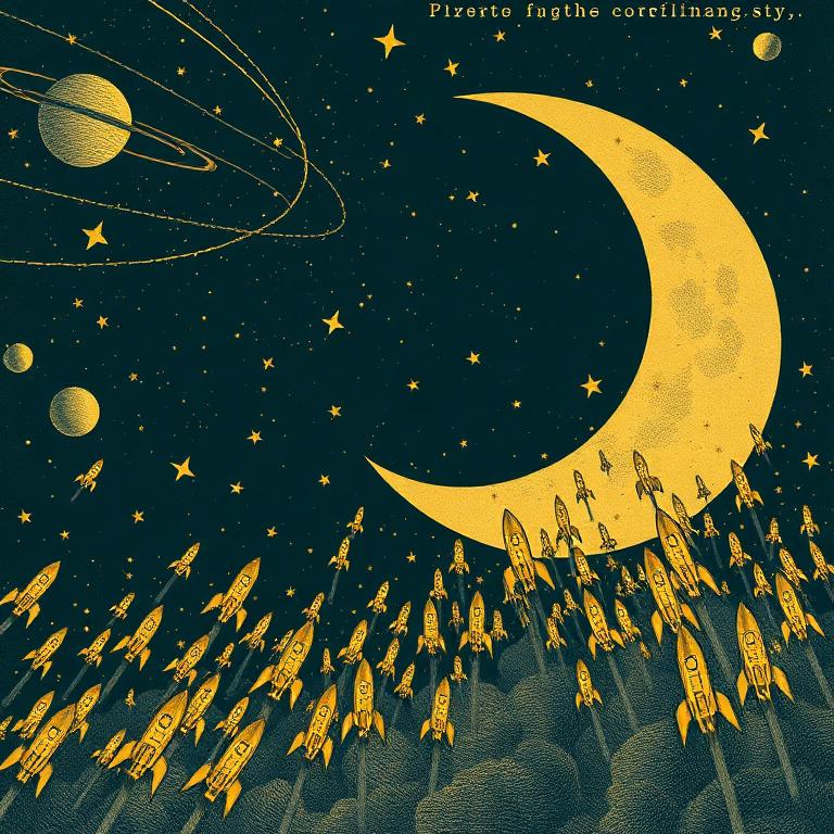 Swarm of gold rockets flying toward the moon